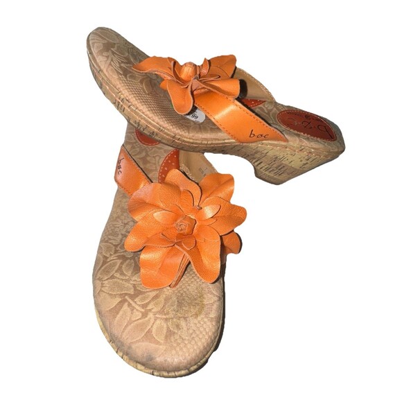 BOC Born Concept Tangerine Leather Wedge Cork Heel Sandals Rosettes 7/38 M/W - Picture 1 of 10